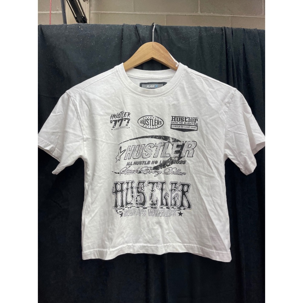 Raw X Womens Hustler Graphic T-Shirt White Short Sleeve‎ Cropped Tee Small